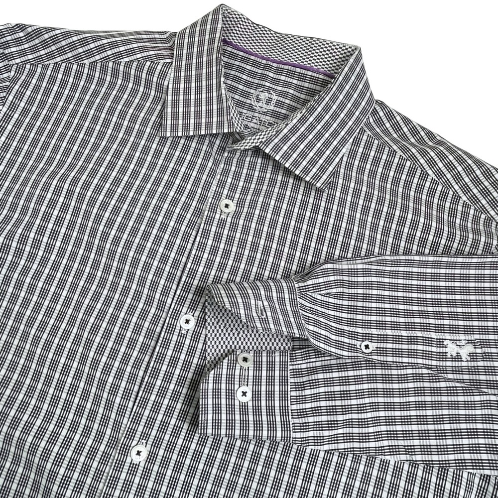 Bugatchi Uomo Men Dress Shirt 17 34/35 Black White Grid Check Long Sleeve Cotton